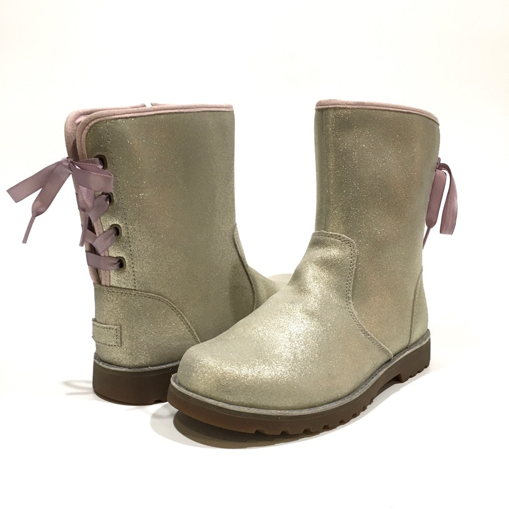 UGG CORENE METALLIC SATIN LACE BOOT -SOFT GOLD SUEDE -YOUTH US 5 -NEW